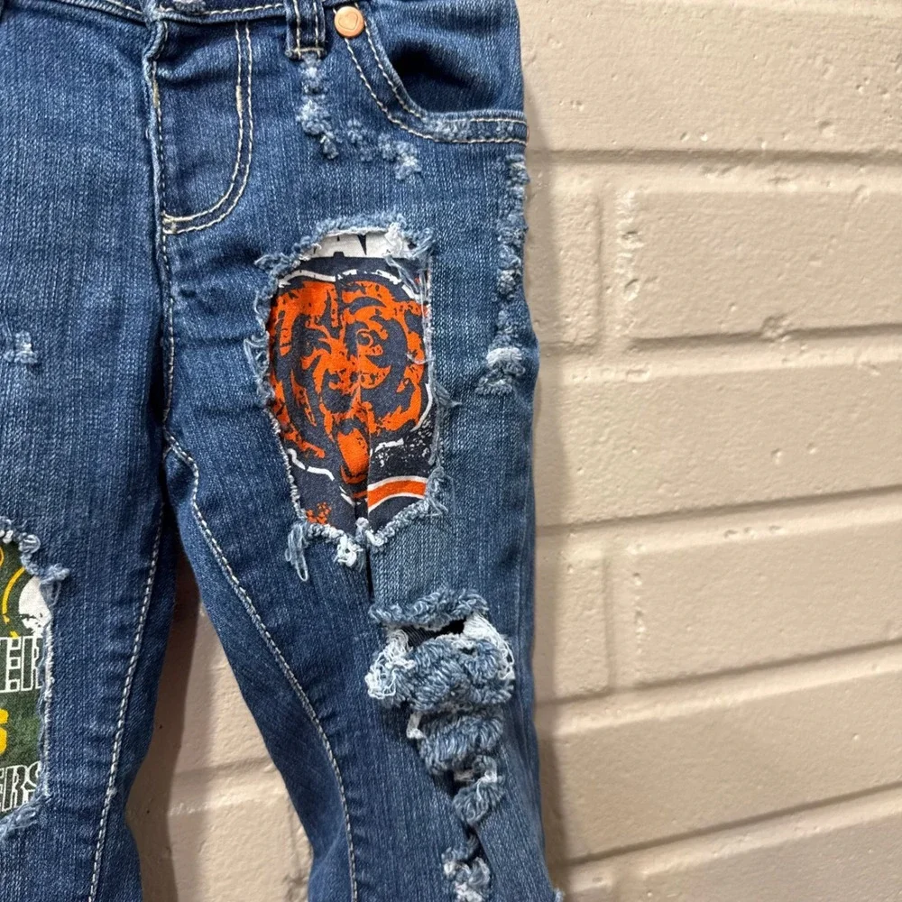 Upcycled 2T Jeans Custom Distressed NFL Packers Bears Patchwork Denim Game Day